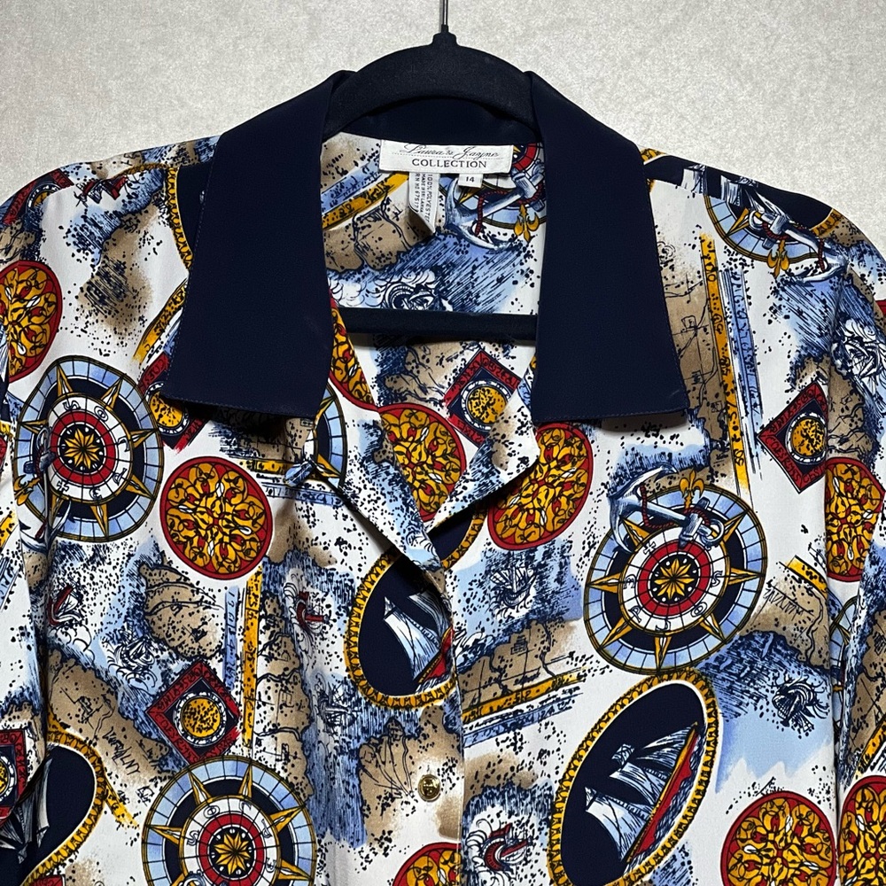 Laura & Jayne Collection Vintage Short Sleeve Multi Color Blouse, Size 14 - Picture 5 of 9